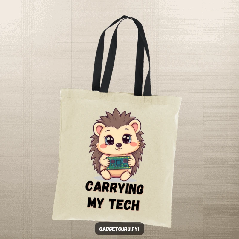 Funny hedgehog tote bag showcasing a curious character holding a tiny circuit board with wide eyes, a humorous accessory for tech enthusiasts.