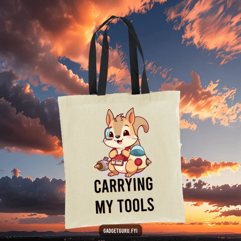 Funny tote bag showcasing a playful squirrel with a tool belt, tinkering with a small spaceship, ideal for carrying essentials with a creative flair.