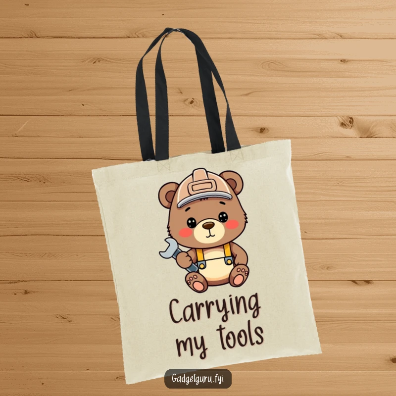 Funny bear cub tote bag, a cute cub with a hard hat and wrench, ideal for carrying tools or shopping.