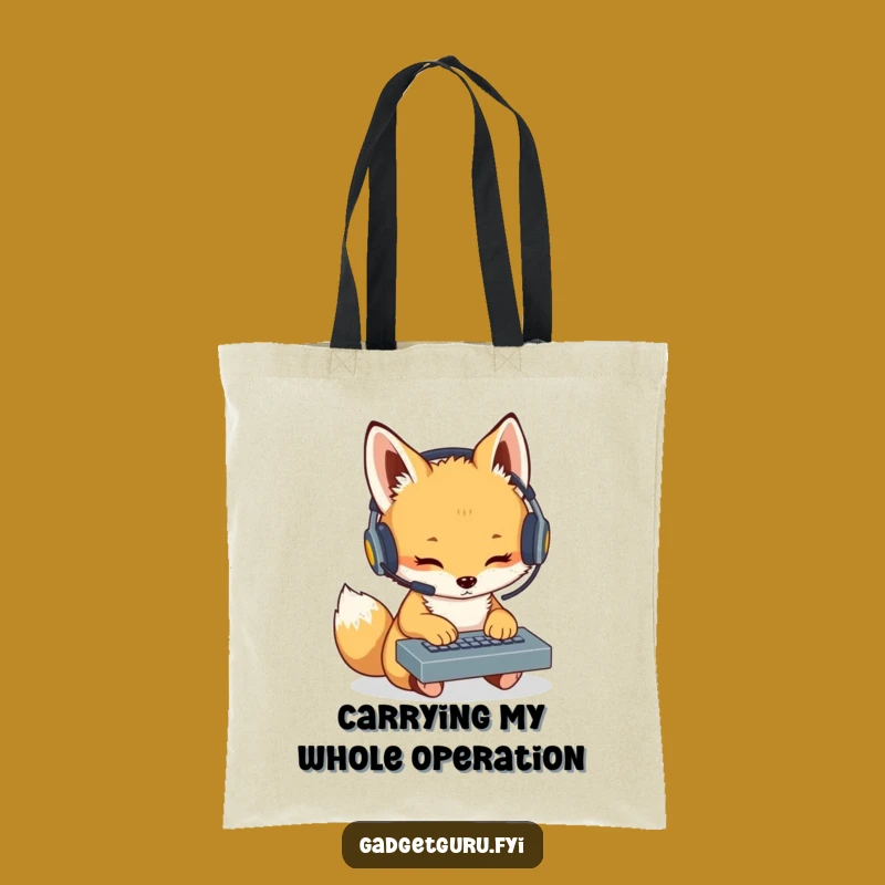 Funny Fox Cub Coder Tote Bag: Tech Headset Keyboard Accessory
