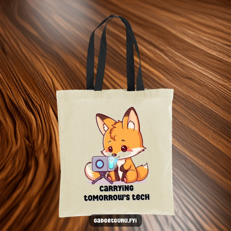 Funny curious fox character looking at a miniature holographic projector, symbolizing innovation, on a durable tote bag.