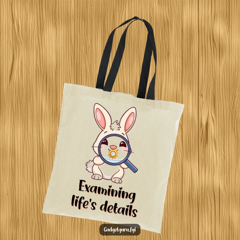 Funny tote bag featuring a bunny intently looking through a magnifying glass at a tiny gear, perfect for curious minds.