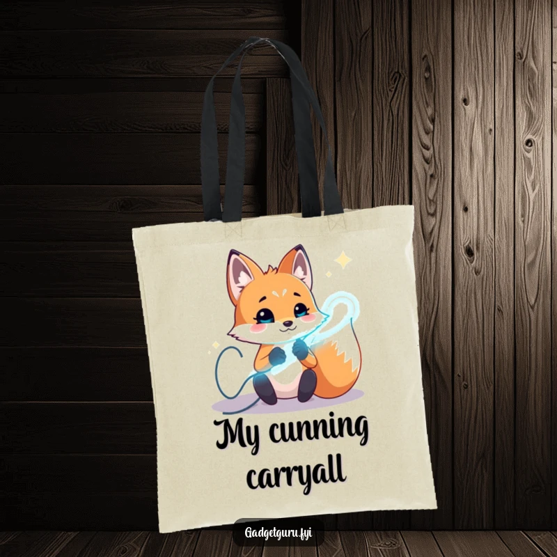Funny fox tote bag featuring a playful character experimenting with glowing wires, ideal for carrying creative tools.