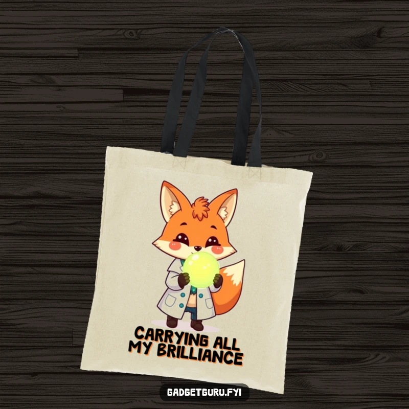 Funny tote bag featuring a cheerful fox scientist in a lab coat, holding a glowing orb, ready for experiments or errands.
