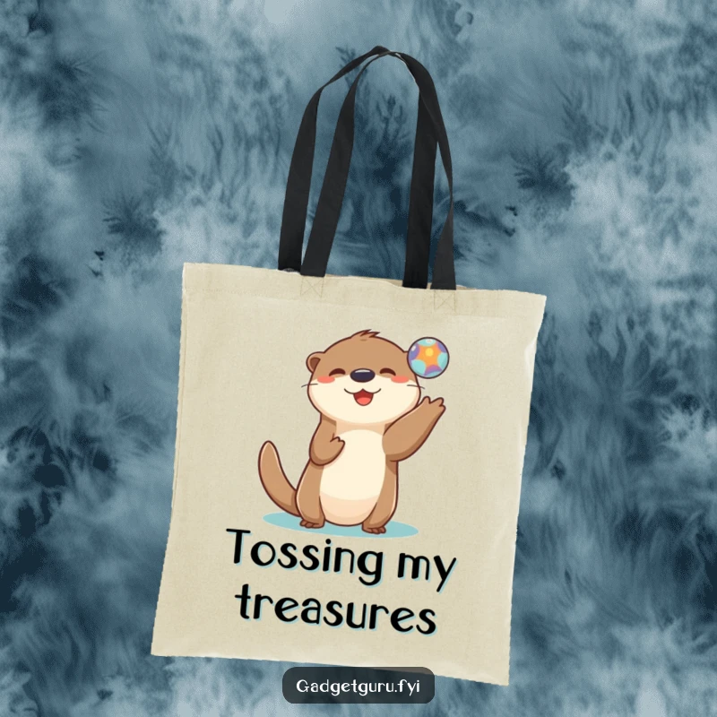 Funny tote bag with a playful otter character tossing a small, glowing digital orb, radiating joy.