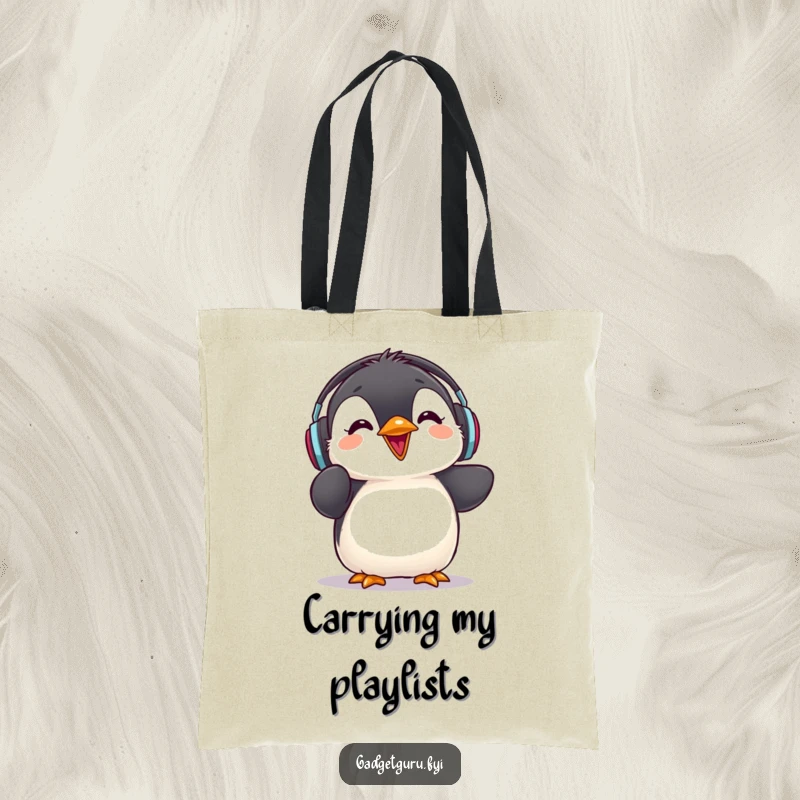 Funny penguin chick tote bag, wearing headphones and reviewing music, a cute accessory for music lovers.