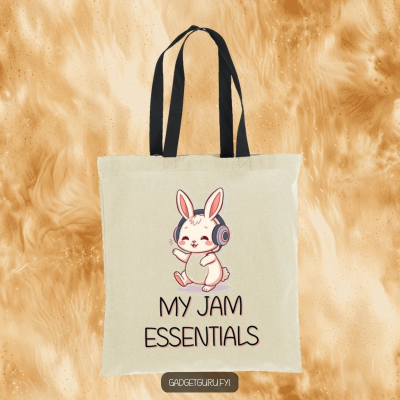Funny tote bag showcasing a playful rabbit character wearing headphones and tapping its foot to a groovy musical beat.