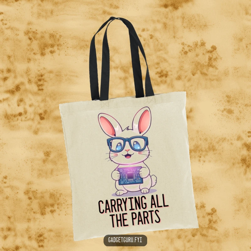 Funny Rabbit Scientist Tote Bag: A humorous tote featuring a rabbit with glasses holding a glowing circuit board, ideal for carrying lab notes or books.