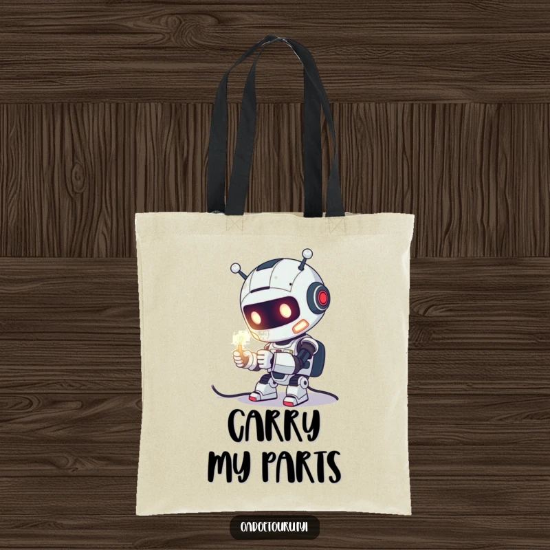 Funny Tote Bag featuring a cute robot character enthusiastically tinkering with a glowing wire, perfect for carrying tech essentials.