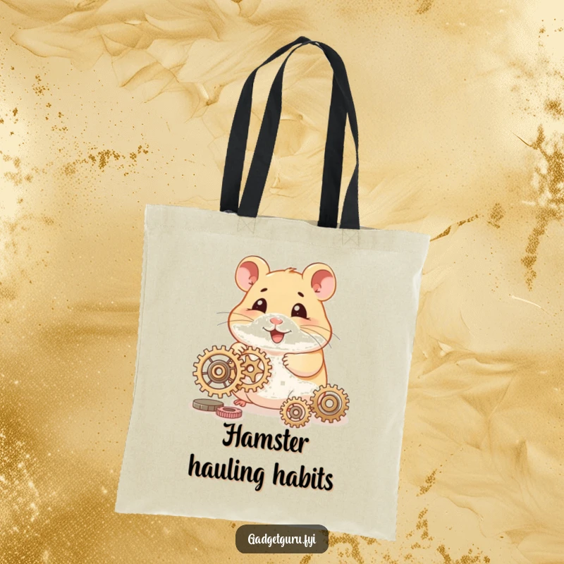 Funny hamster tote bag featuring a smiling character tinkering with tiny gears, ideal for carrying craft supplies.