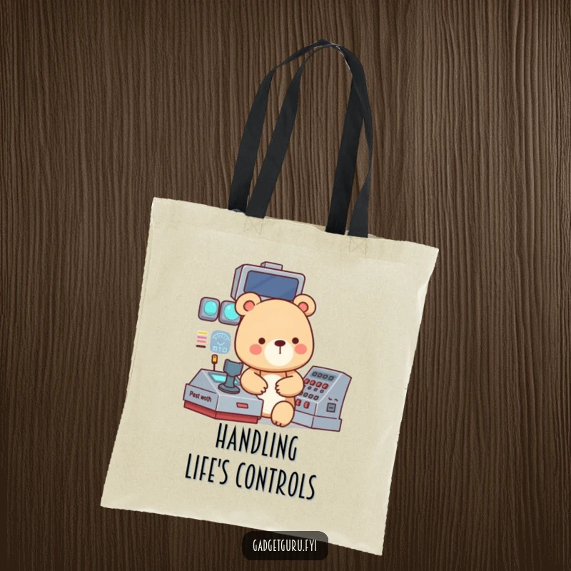 Funny tote bag featuring a small, focused bear character diligently operating a complex, blinking control panel, ready for action.