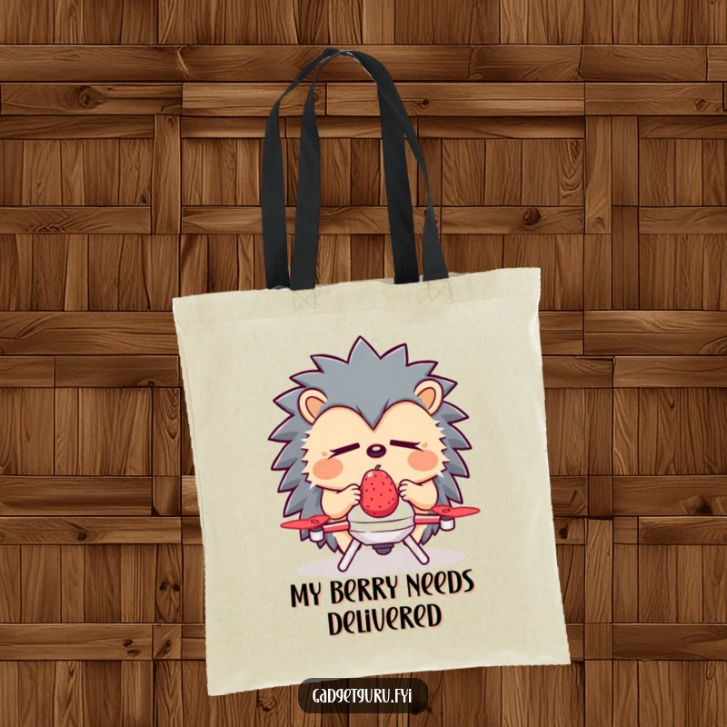 Funny Hedgehog Tote Bag: A sleepy hedgehog utilizes a small drone for berry delivery, perfect for carrying everyday items.
