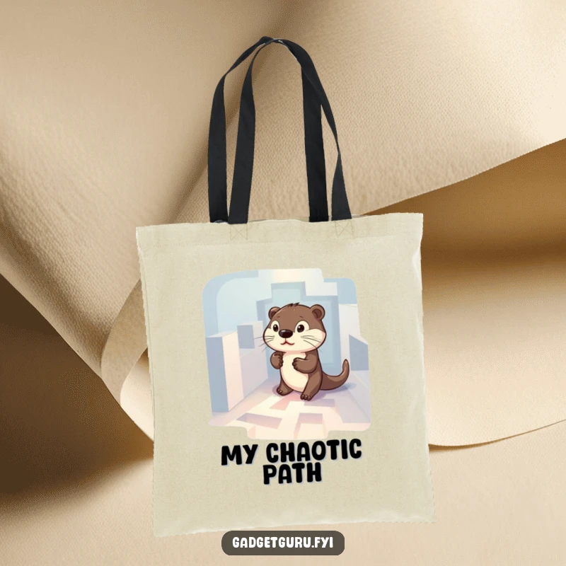 Funny tote bag showing a determined otter character navigating a lit-up, intricate maze, symbolizing a quest.