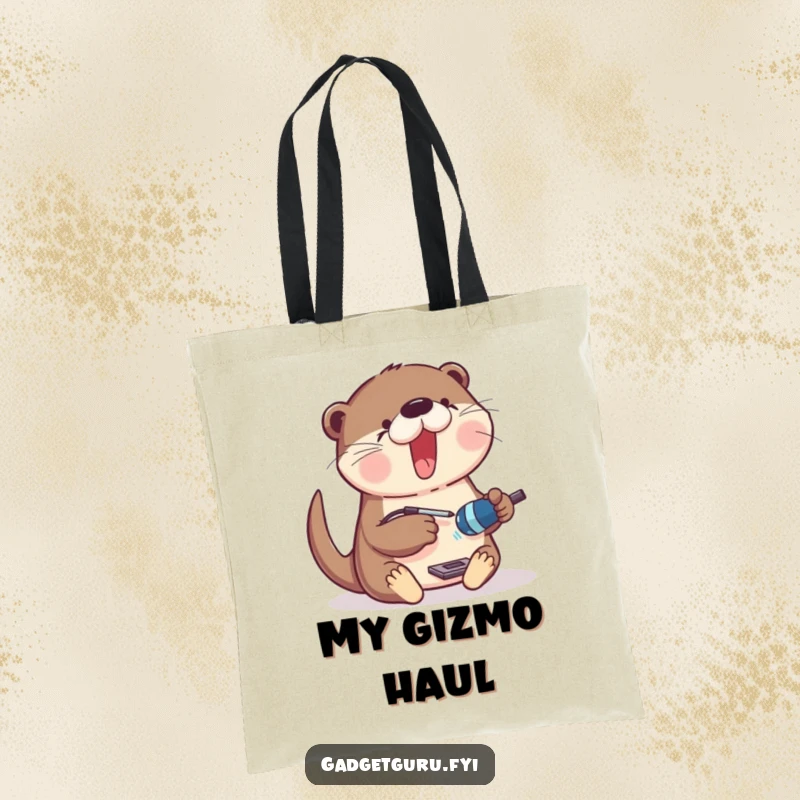 Funny Tote Bag featuring a playful otter with a soldering iron, excitedly working on constructing a new gadget.