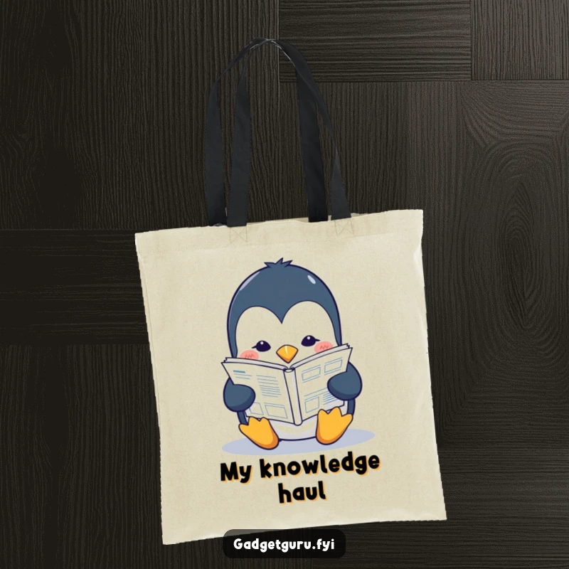 Funny penguin tote bag depicting a studious character reading a small tech manual, ideal for carrying books and tech.